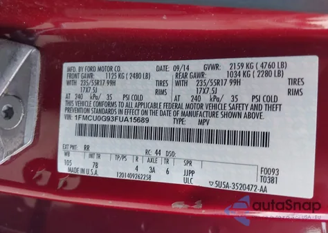 2015 Ford Escape Se z USA, uszkodzony, nr VIN 1FMCU0G93FUA15689